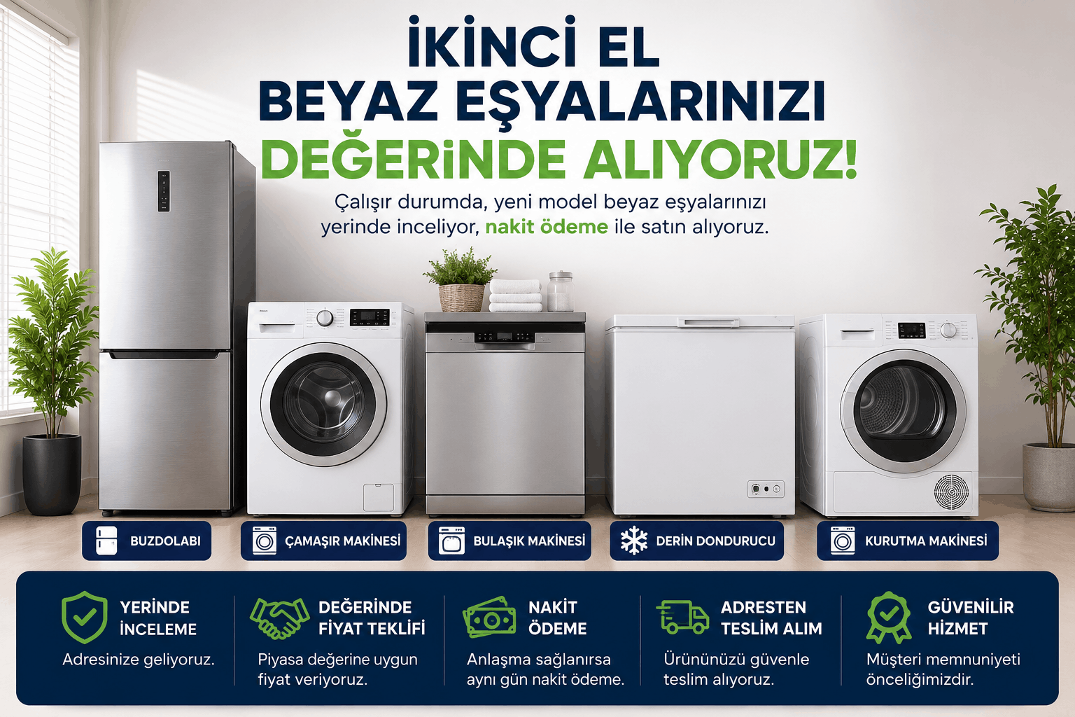 Mersin'de ikinci el buzdolabı, çamaşır makinesi, bulaşık makinesi, derin dondurucu ve kurutma makinesi alımı yapan firma.
