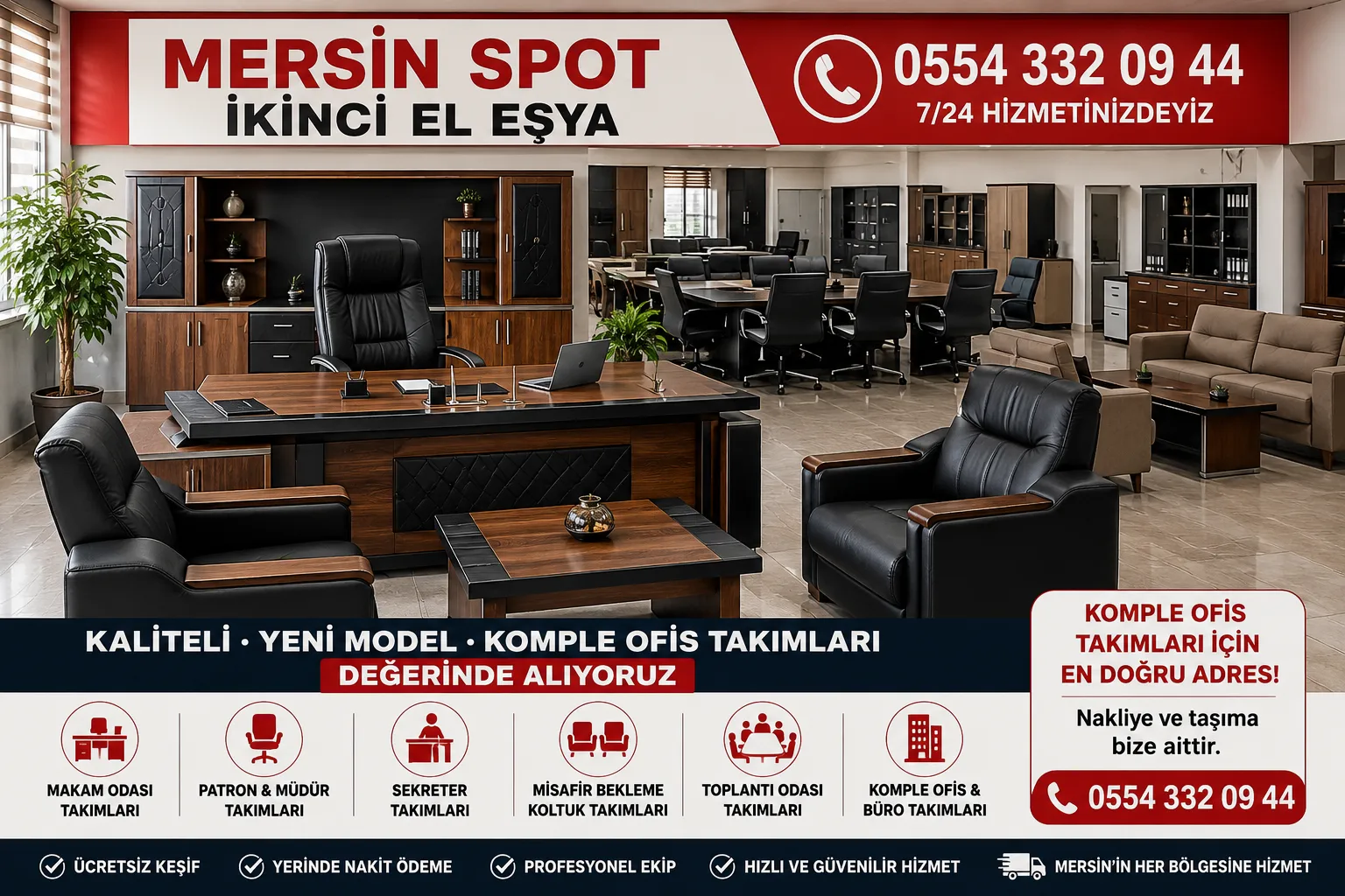 Mersin Spot İkinci El Eşya showroomunda makam odası takımı, patron odası takımı, toplantı masası, misafir koltukları ve komple ikinci el büro mobilyaları.