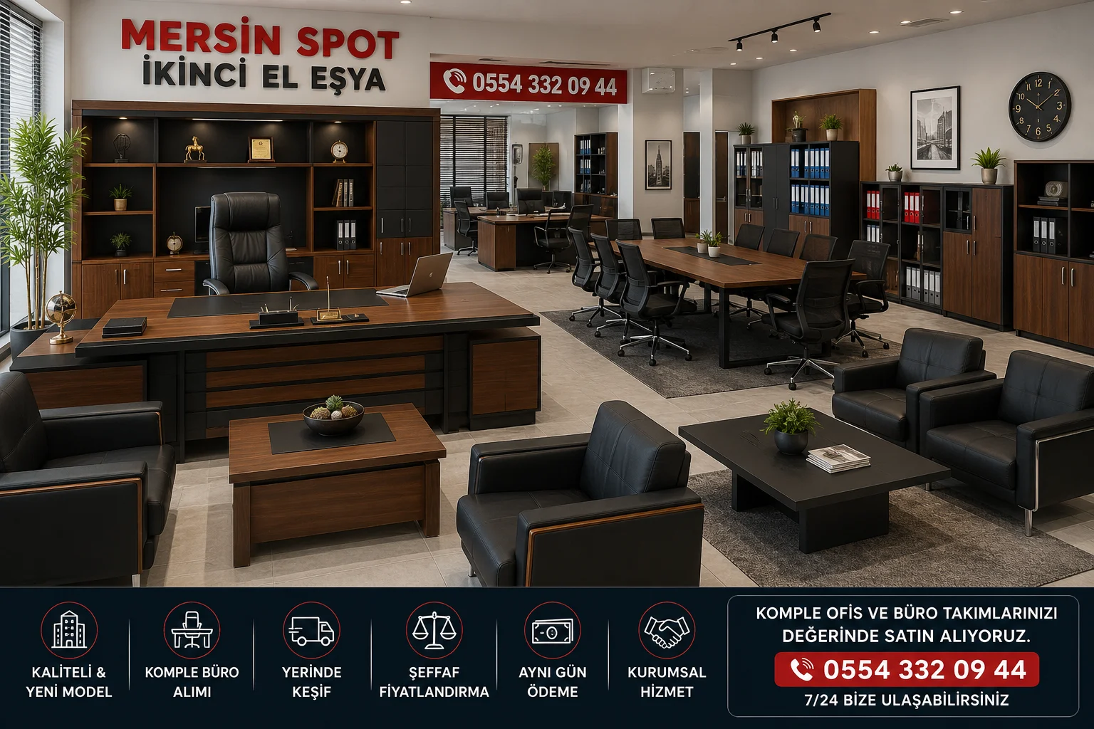 Mersin Spot İkinci El Eşya showroomunda makam odası takımı, toplantı odası takımı, misafir bekleme koltukları, dosya dolapları ve komple ikinci el büro mobilyaları.