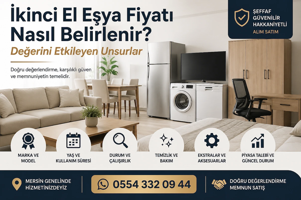 İkinci El Eşya Fiyatı Nasıl Belirlenir? Değerini Etkileyen Unsurlar 1 – İkinci El Eşya Fiyatı Nasıl Belirlenir İkinci El Eşya Fiyatı Nasıl Belirlenir? Marka, model, kullanım durumu ve piyasa talebine göre ikinci el eşya değerini gösteren görsel.