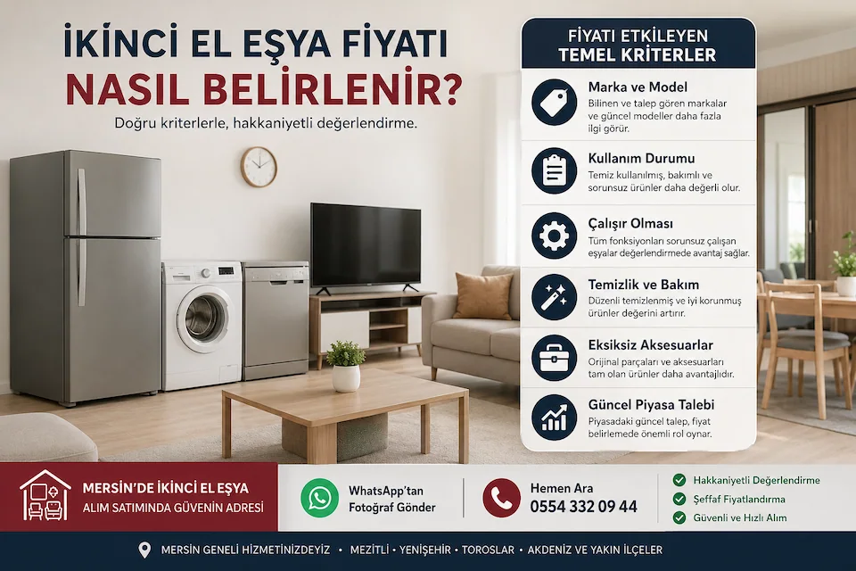 İkinci El Eşya Fiyatı Nasıl Belirlenir? Değerini Etkileyen Unsurlar 2 – İkinci El Eşya Fiyatı Nasıl Belirlenir İkinci el eşya fiyatını etkileyen temel kriterler; marka ve model, kullanım durumu, çalışır olması, temizlik, eksiksiz aksesuarlar ve güncel piyasa talebi.
