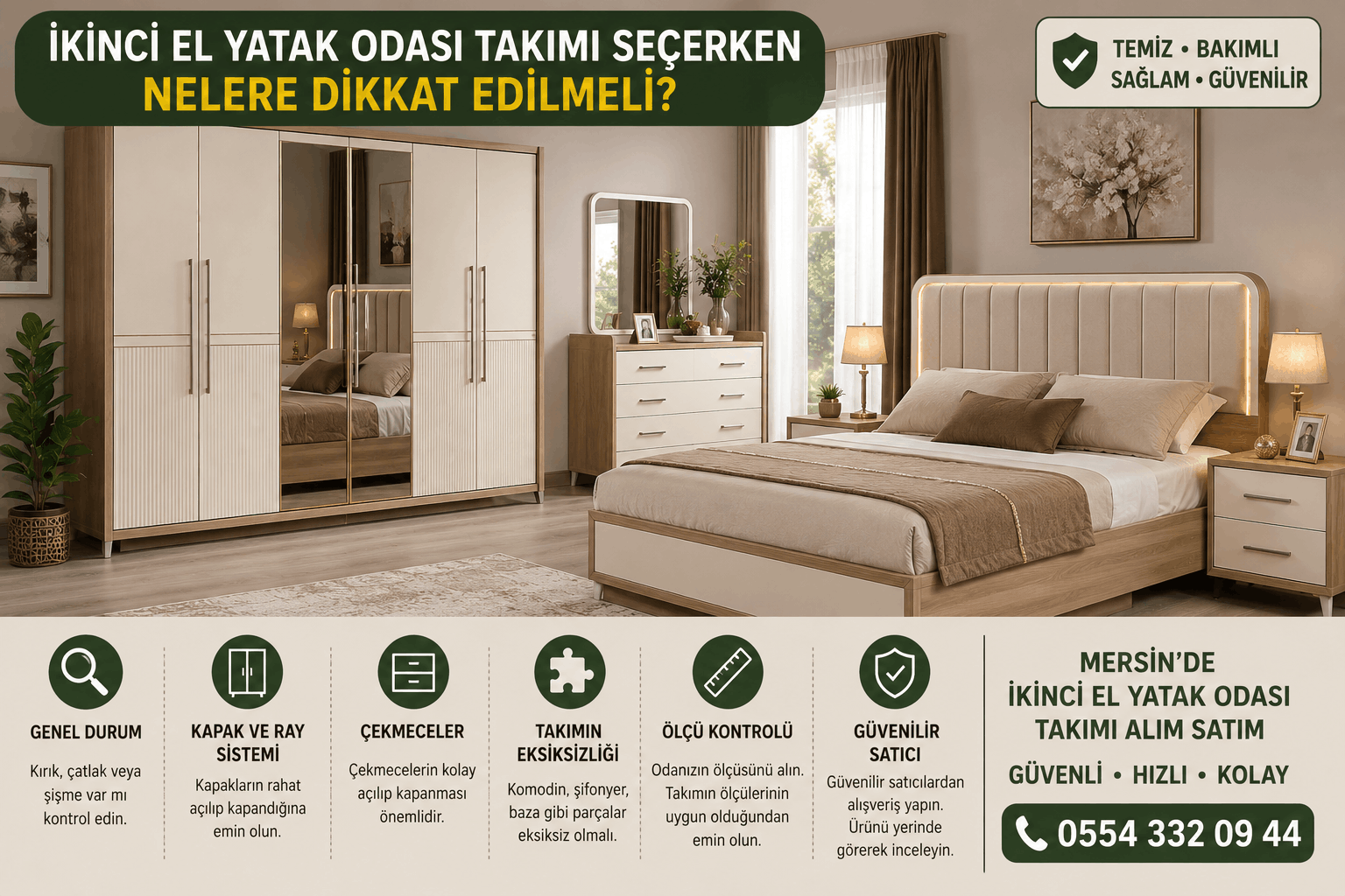 İkinci el yatak odası takımı seçerken dikkat edilmesi gereken önemli noktaları gösteren bilgilendirici görsel