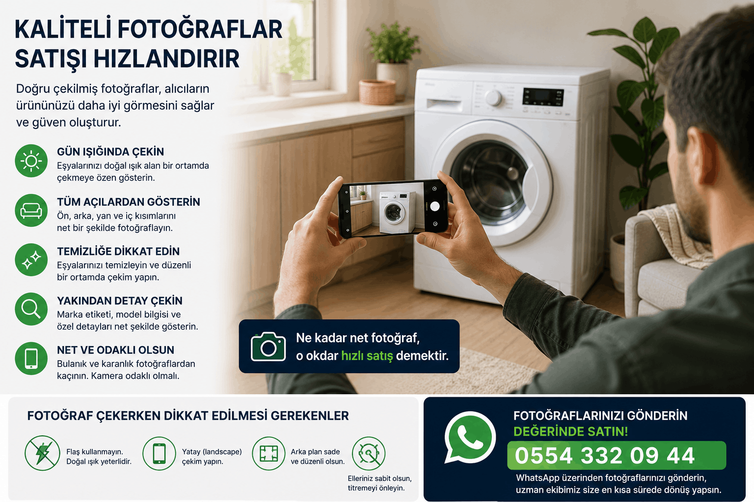 Mersin'de İkinci El Beyaz Eşya ve Mobilyalarınızı Nasıl Değerinde Satabilirsiniz? 2 – Mersin'de ikinci el beyaz eşya ve mobilya nasıl satılır Mersin'de ikinci el beyaz eşya ve mobilya satışı için kaliteli fotoğraf çekimi önerilerini gösteren görsel.