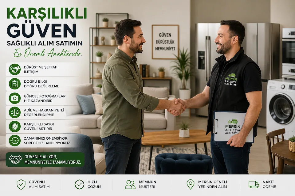Mersin'de 2. El Eşya Satanların Dikkatine: Güvenilir Satışın Püf Noktaları 2 – Mersin'de 2. El Eşya Satanların Dikkatine Mersin'de ikinci el eşya alım satımında karşılıklı güven, doğru bilgi paylaşımı ve şeffaf iletişimi temsil eden görsel.