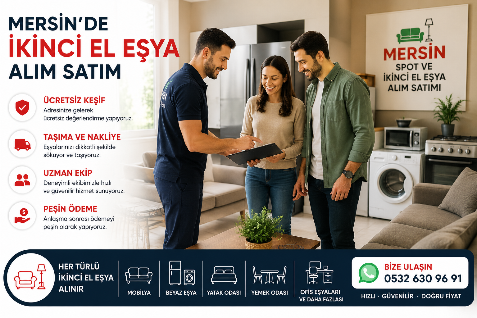 Mersin'de ikinci el eşya satışı öncesinde ev sahibi ile ürün değerlendirmesi yapan ikinci el eşya alım ekibi.