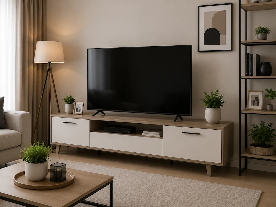 Mersin'de güncel ikinci el televizyon kategorisini temsil eden modern düz ekran Smart TV ve TV ünitesi.