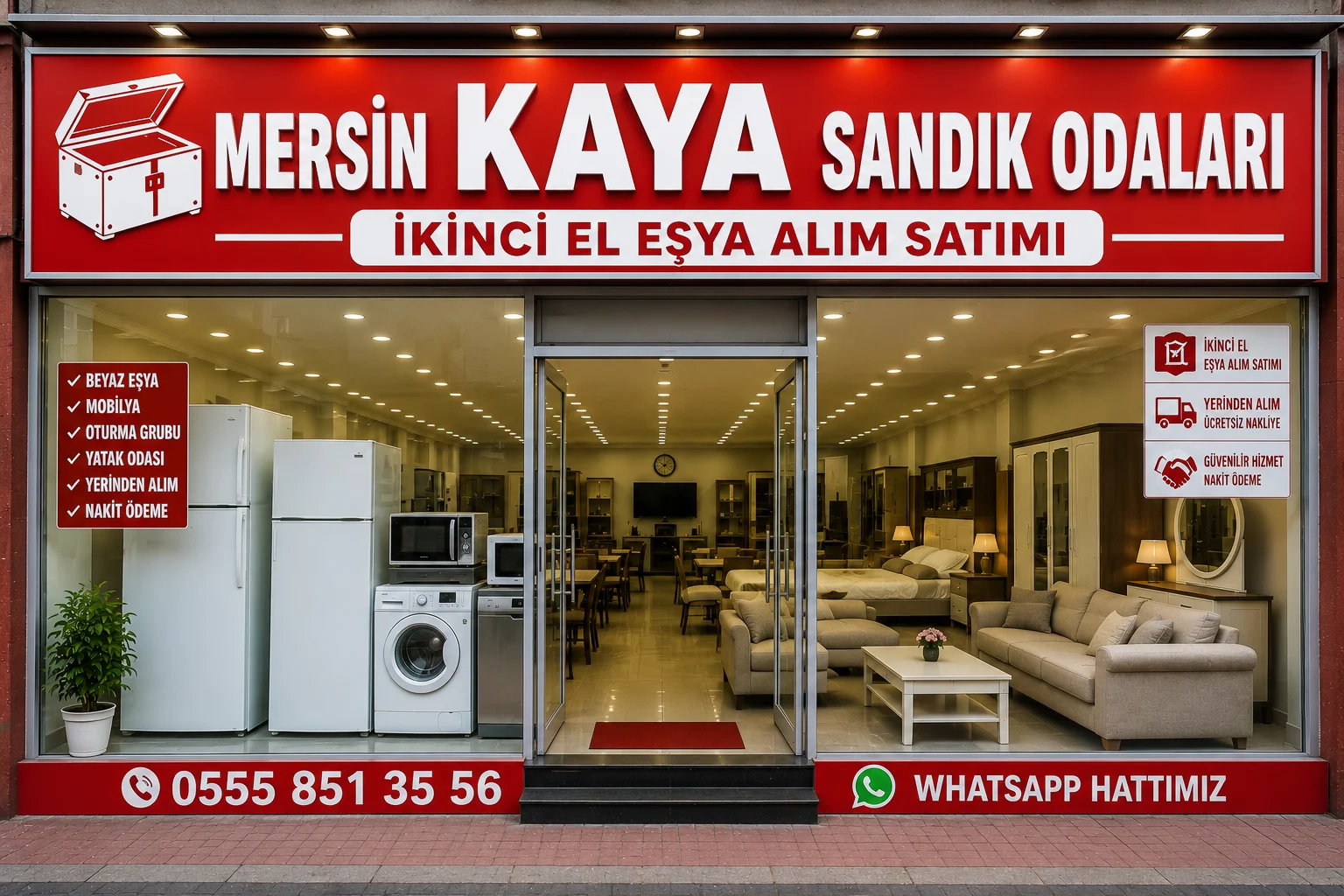 Mersin Kaya Sandık Odaları 1 – Mersin Kaya Sandık Odaları Mersin Kaya Sandık Odaları mağaza önü. İkinci el beyaz eşya, mobilya, oturma grubu ve yatak odası takımlarının sergilendiği ikinci el eşya mağazası.