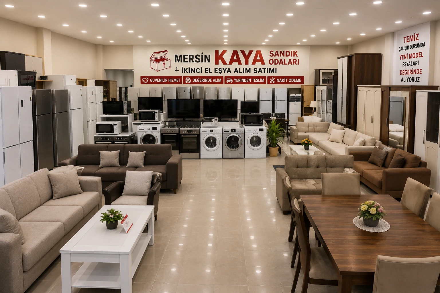 Mersin Kaya Sandık Odaları 2 – Mersin Kaya Sandık Odaları Mersin Kaya Sandık Odaları showroomu. İkinci el beyaz eşyalar, mobilyalar, oturma grupları, yemek odası takımları ve elektronik eşyaların sergilendiği geniş mağaza içi görünümü.