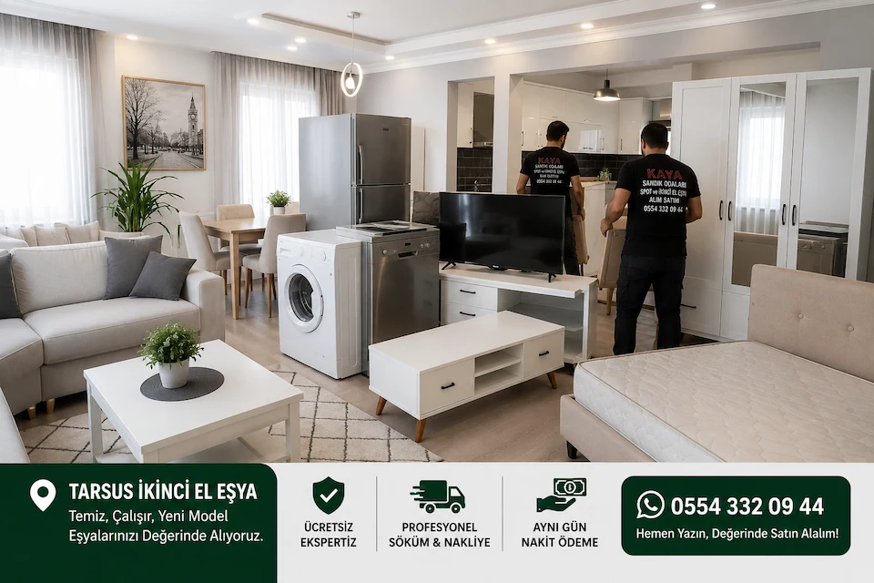 Tarsus İkinci El Eşya hizmetimiz kapsamında şehir merkezindeki ev ve iş yerlerinde bulunan temiz, çalışır durumda ve yeni model eşyalar ücretsiz ekspertiz ile yerinde değerlendirilerek satın alınıyor.